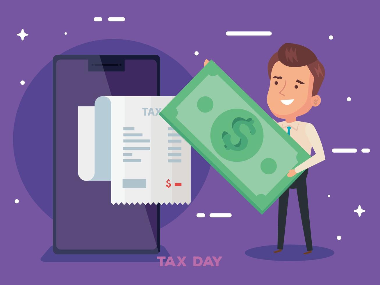 tax day poster with businessman and icons vector