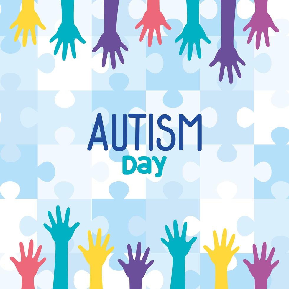 world autism day with hands in background of puzzle pieces vector