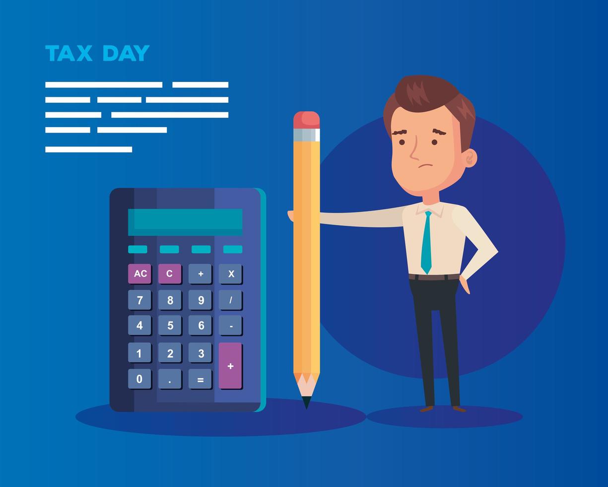 tax day poster with businessman and icons vector