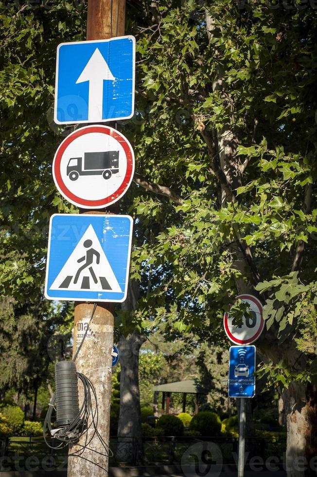 Three road signs among the trees under the bright morning sunlight. photo