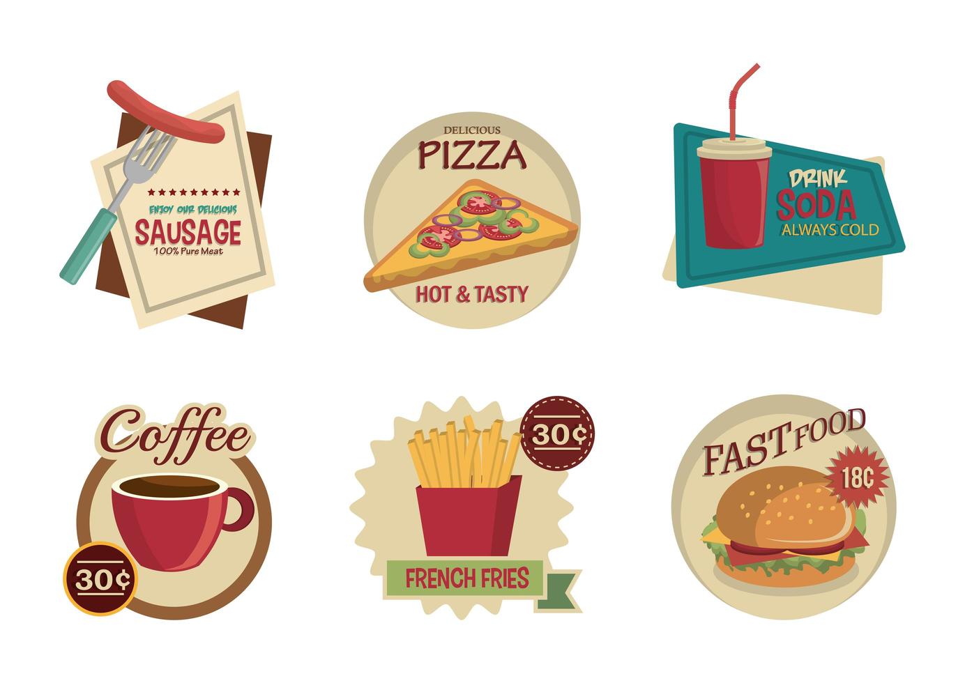 bundle of fast food labels vector