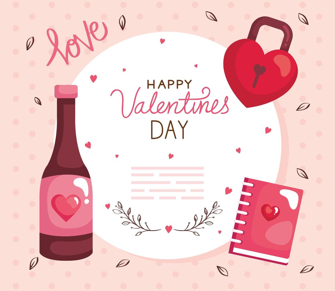 tarjeta de feliz día de san valentín con botella de vino y decoración vector