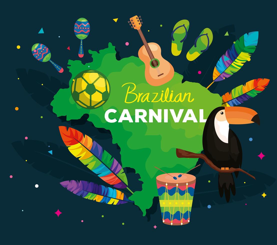 cartel del carnaval brasileño con mapa y decoración. vector