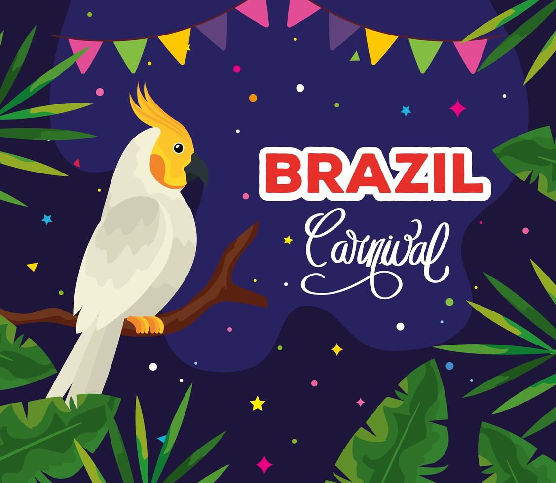 poster of brazil carnival with parrot and tropical leafs vector