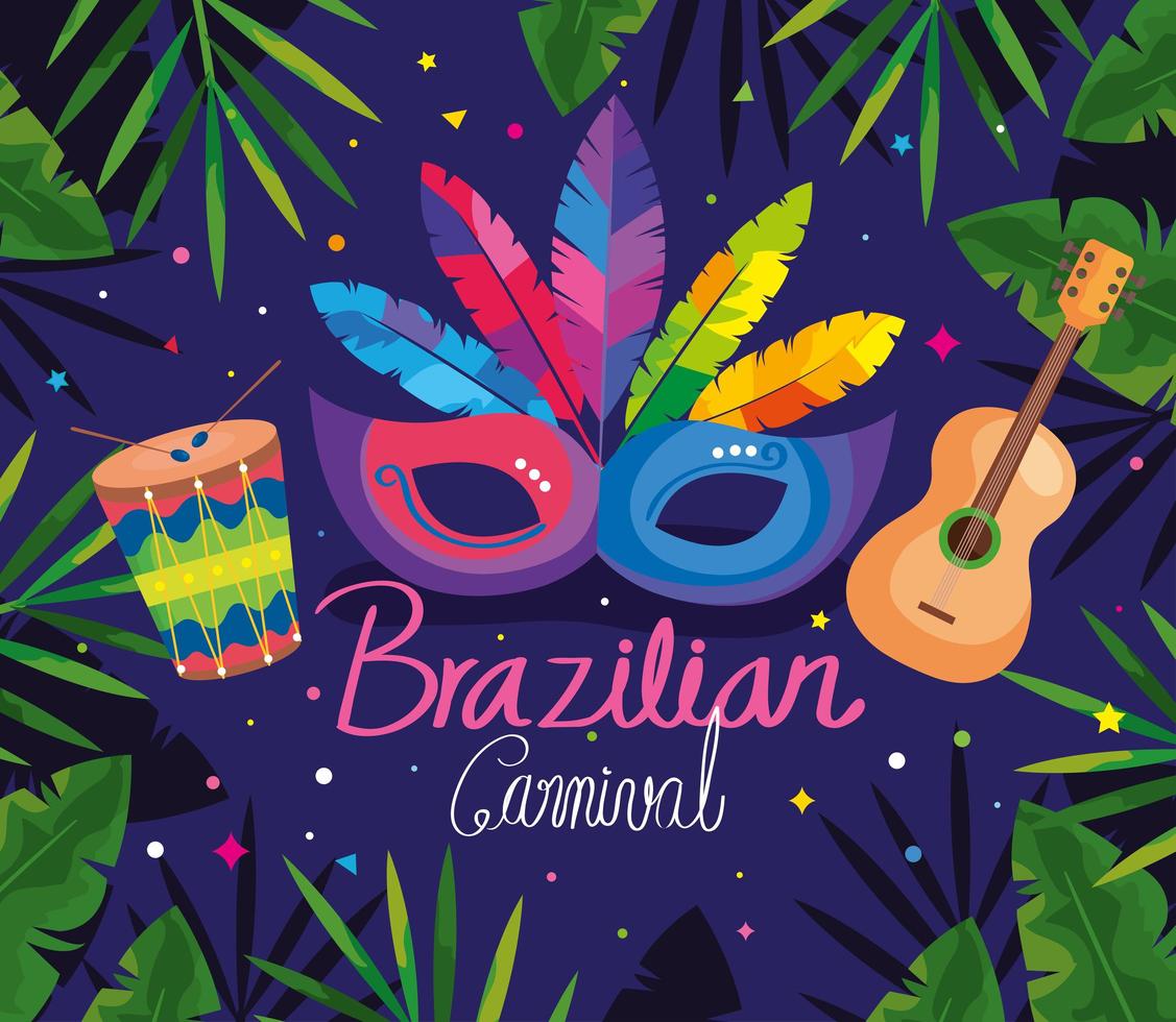poster of brazilian carnival with mask and instrument musicals vector