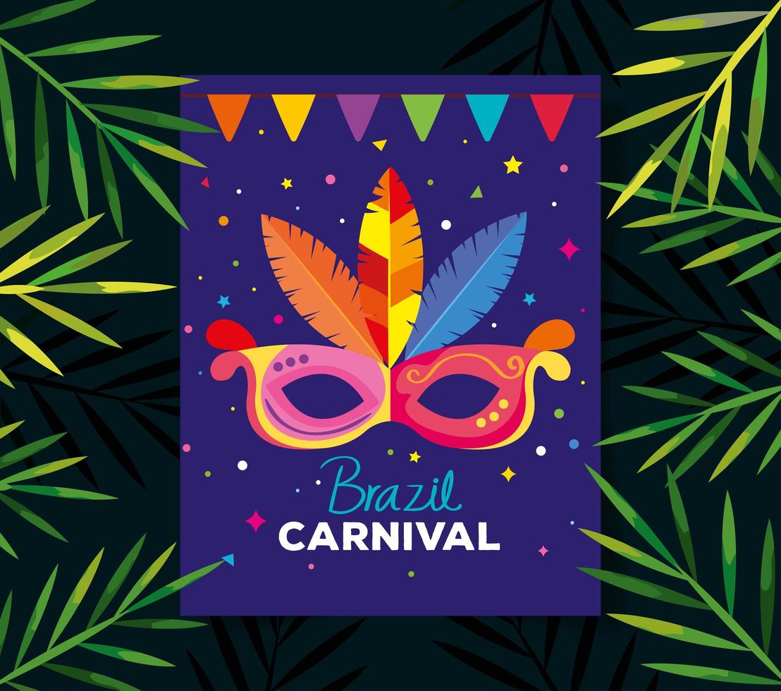 cartel del carnaval de brasil con máscara y hojas tropicales vector