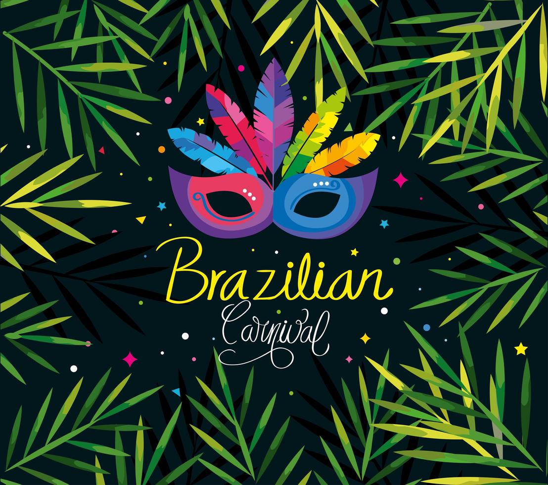 poster of brazilian carnival with mask and tropical leafs vector