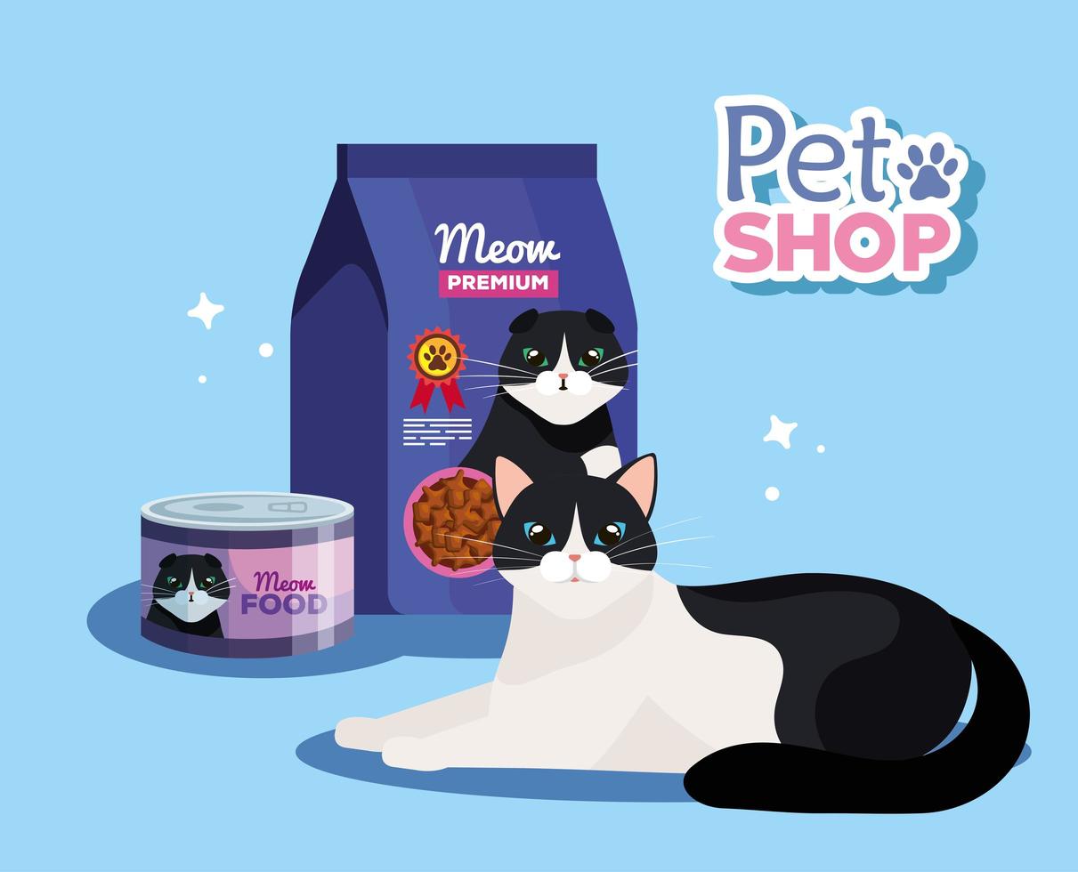 pet shop veterinary with cat and food vector