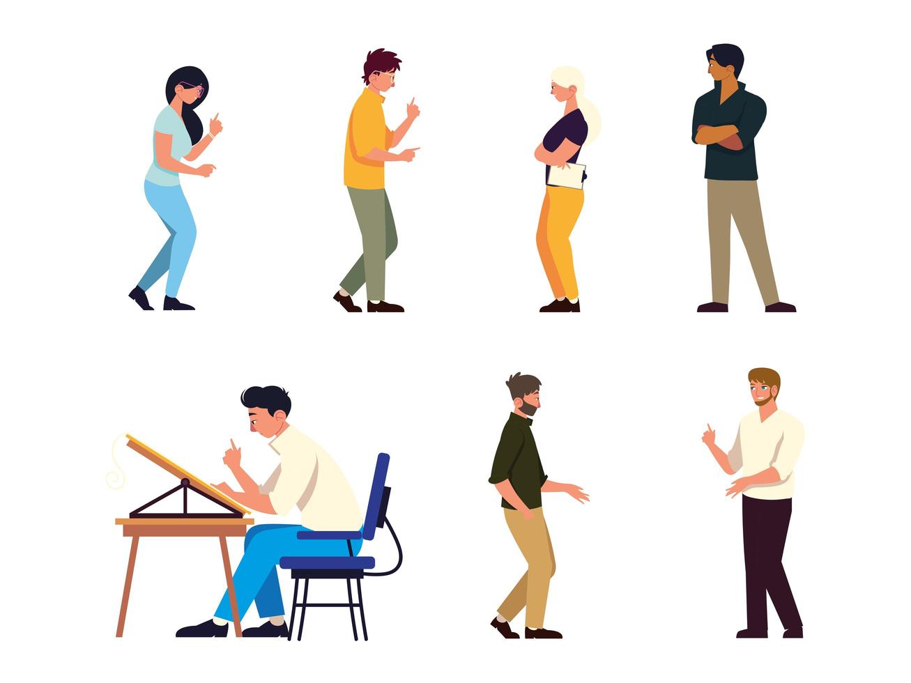 set different people talking and working at desk, teamwork vector