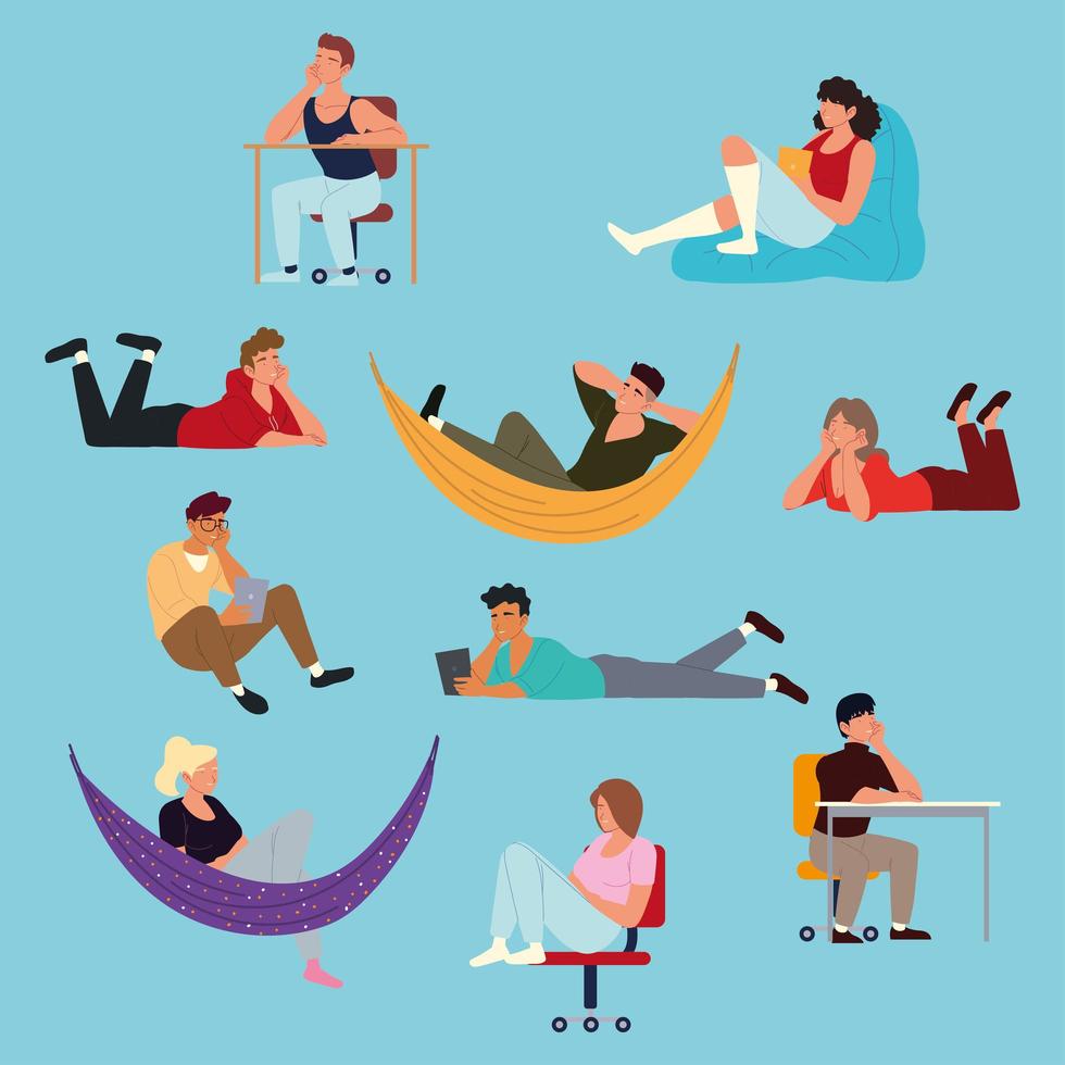 set procrastination, people resting, realxing, bored vector