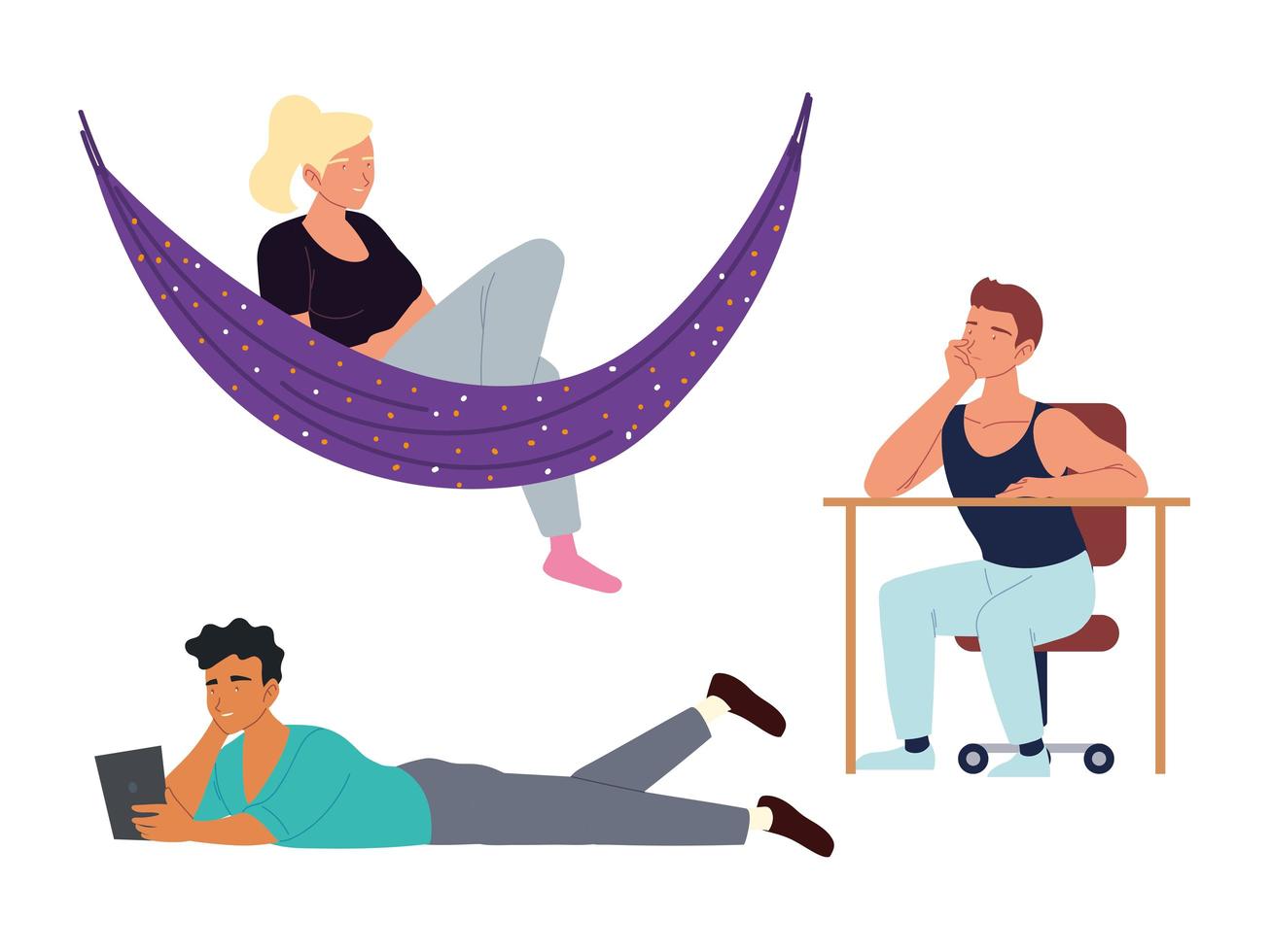 procrastination, people on the floor and hammock with technology device vector