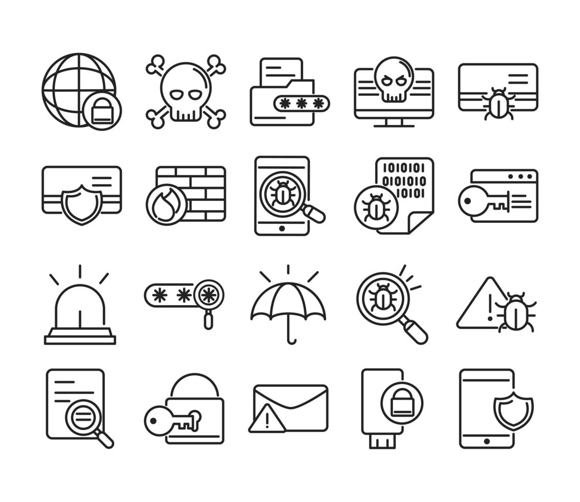 cyber security and information or network protection icons set line style vector