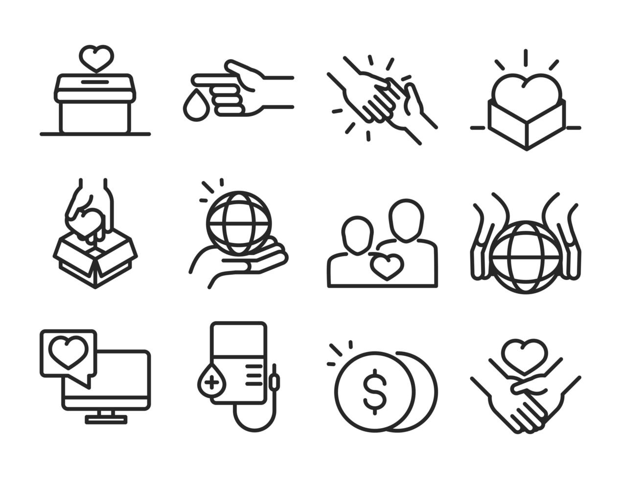 donation charity volunteer help social assistance icons collection line style vector