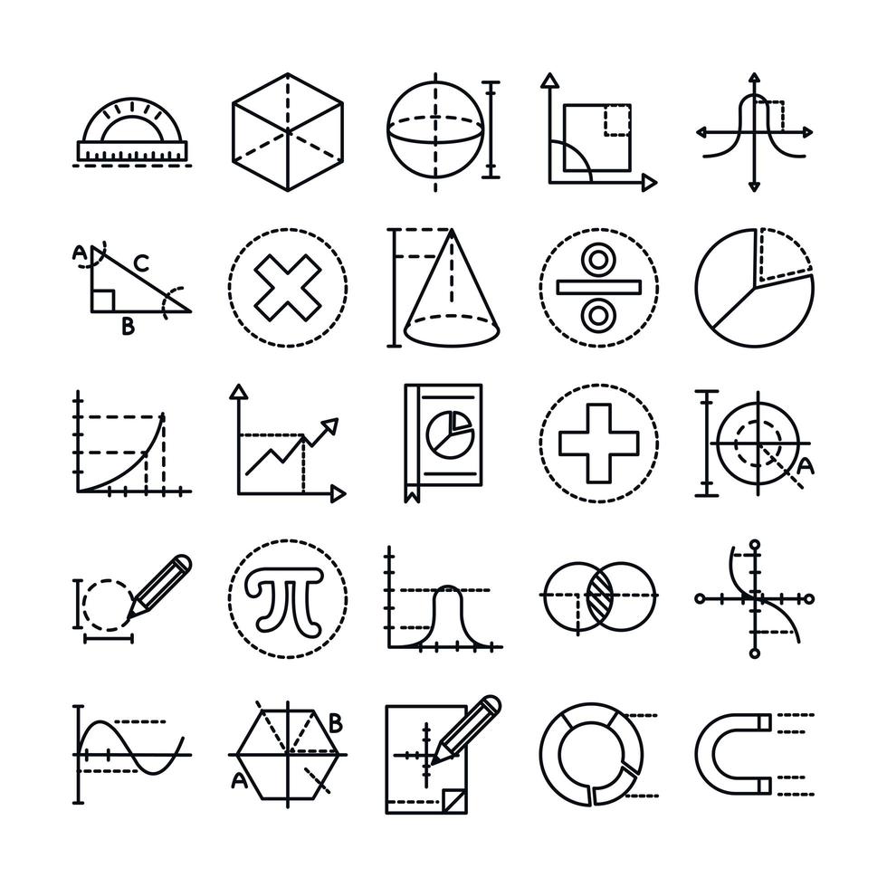 línea de colección de iconos de ciencia de la escuela de educación matemática y estilo vector