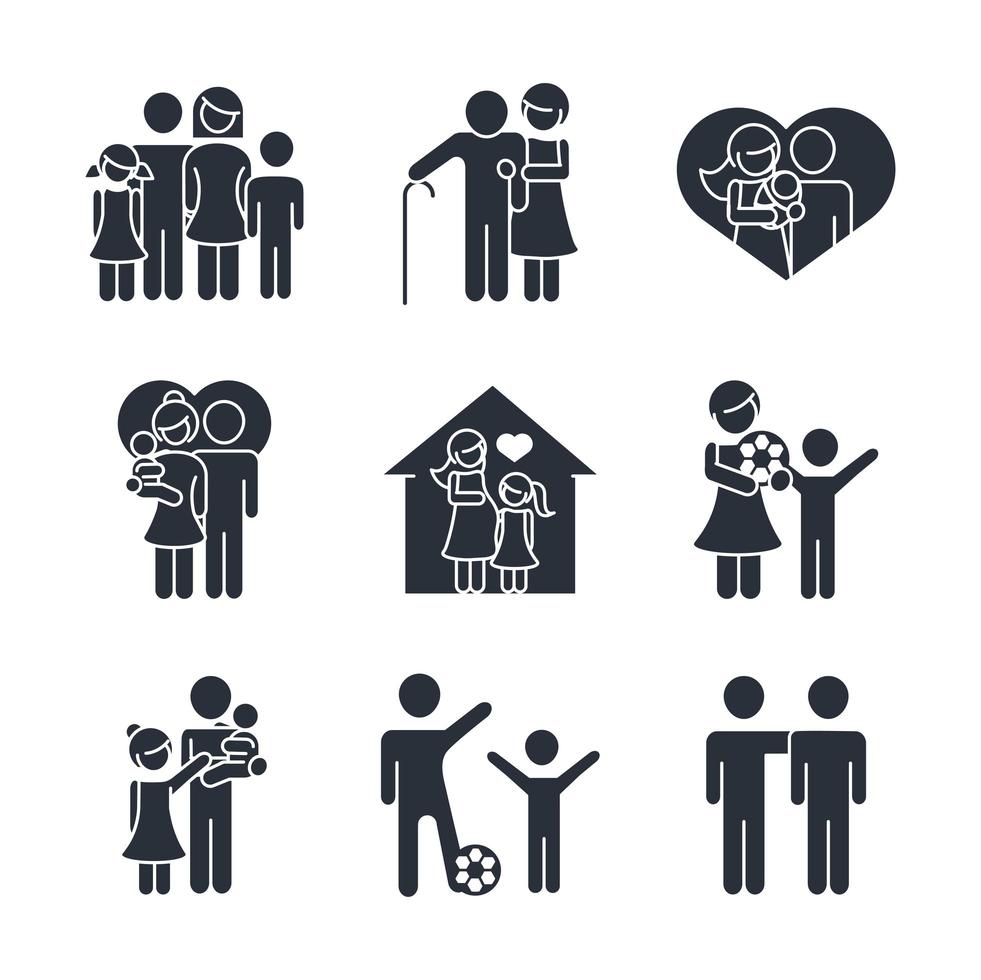 family day father mother kids grandparents characters set icon in silhouette style vector