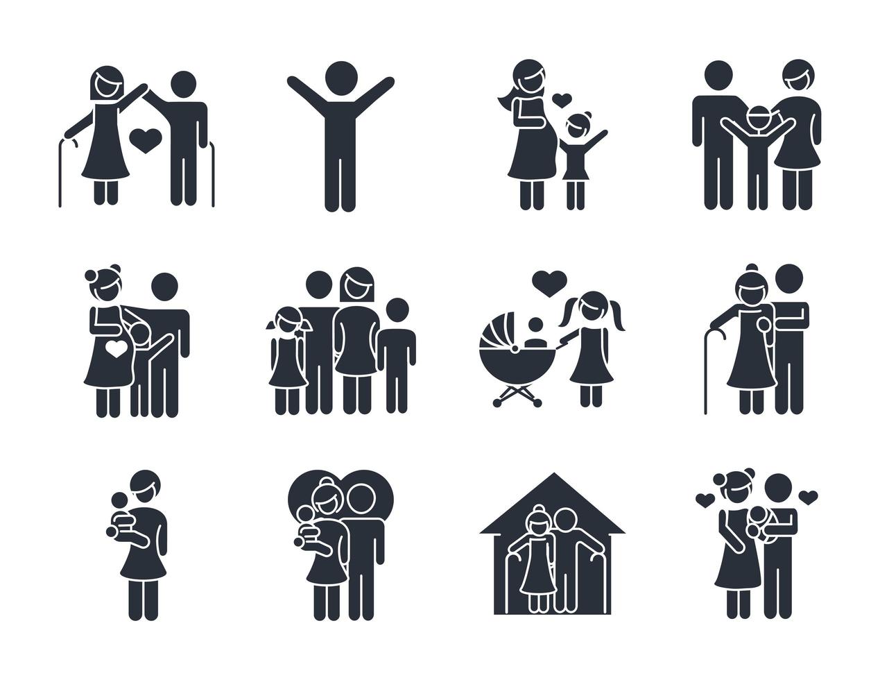 family day father mother kids grandparents characters set icon in silhouette style vector