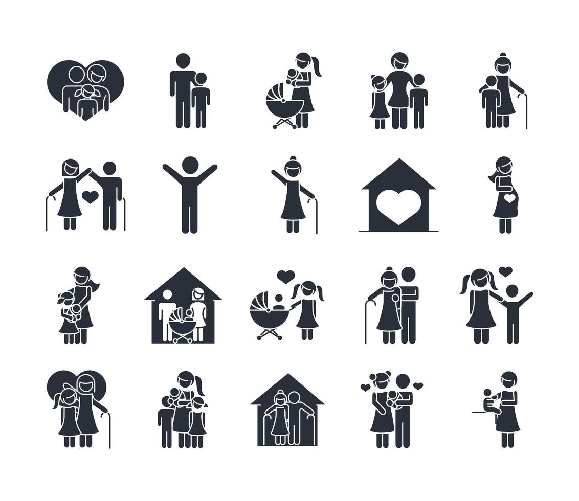 family day father mother kids grandparents characters set icon in silhouette style vector