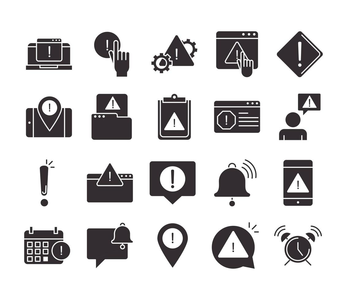 alert attention danger exclamation mark precaution silhouette style design icons set vector