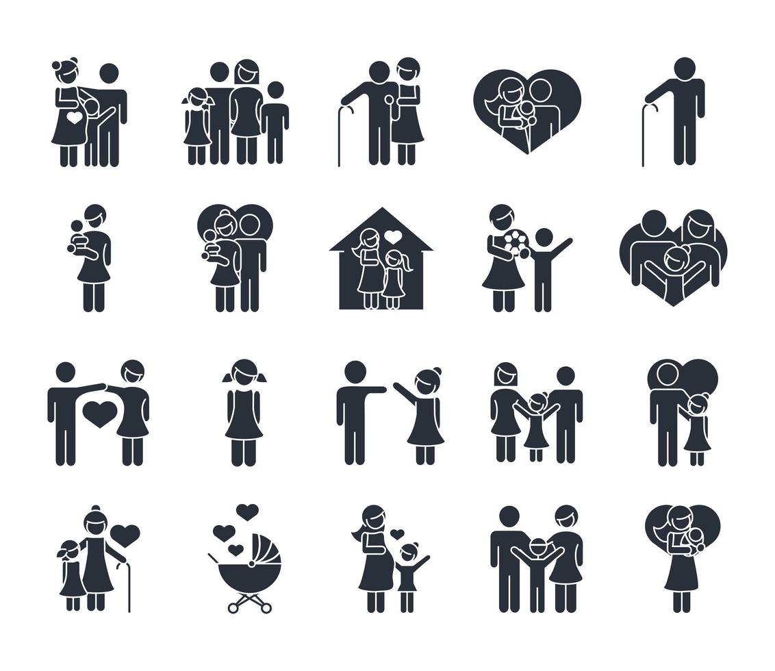 family day father mother kids grandparents characters set icon in silhouette style vector