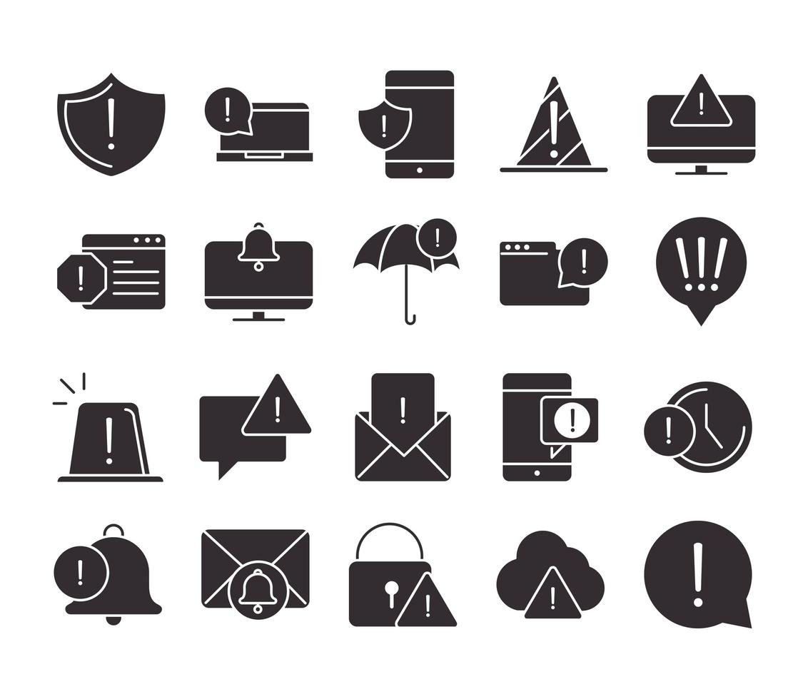 alert attention danger exclamation mark precaution silhouette style design icons set vector