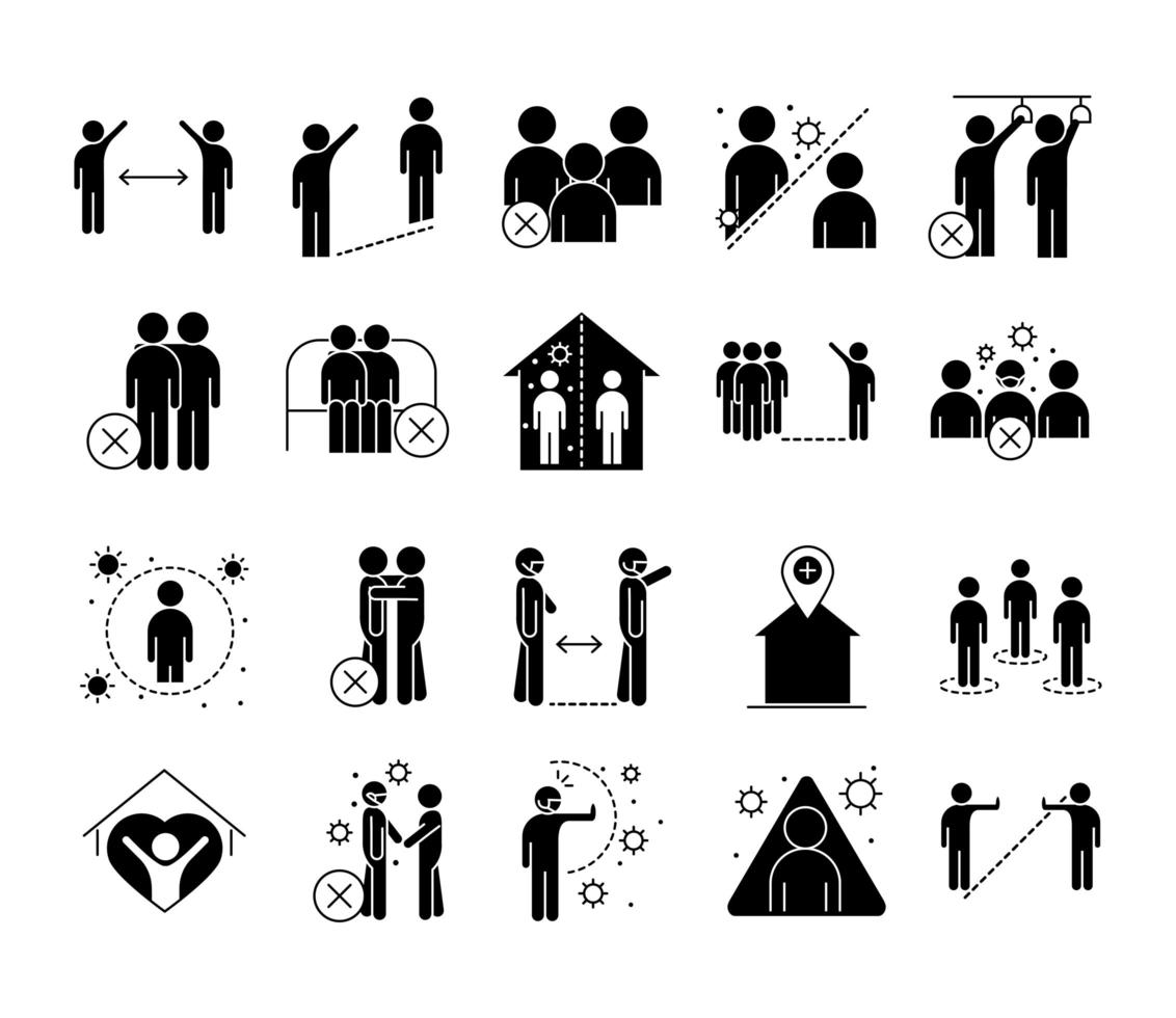 covid 19 coronavirus distanciamiento social prevención brote propagación icono de estilo de silueta vectorial vector