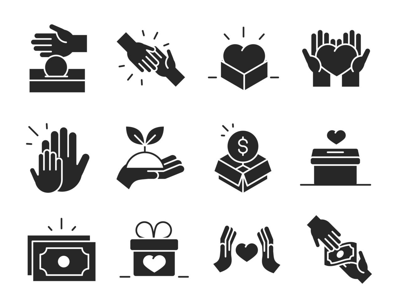 donation charity volunteer help social assistance icons collection silhouette style vector