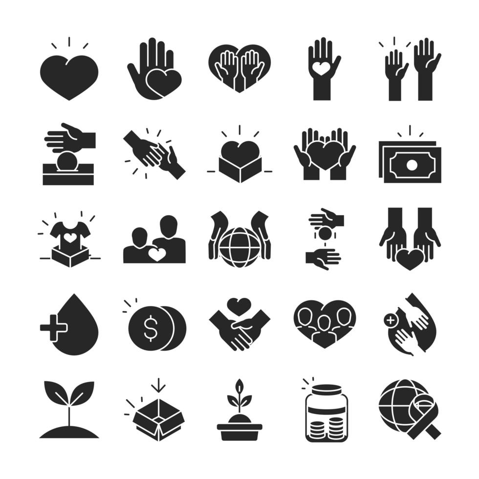 donation charity volunteer help social assistance icons collection silhouette style vector