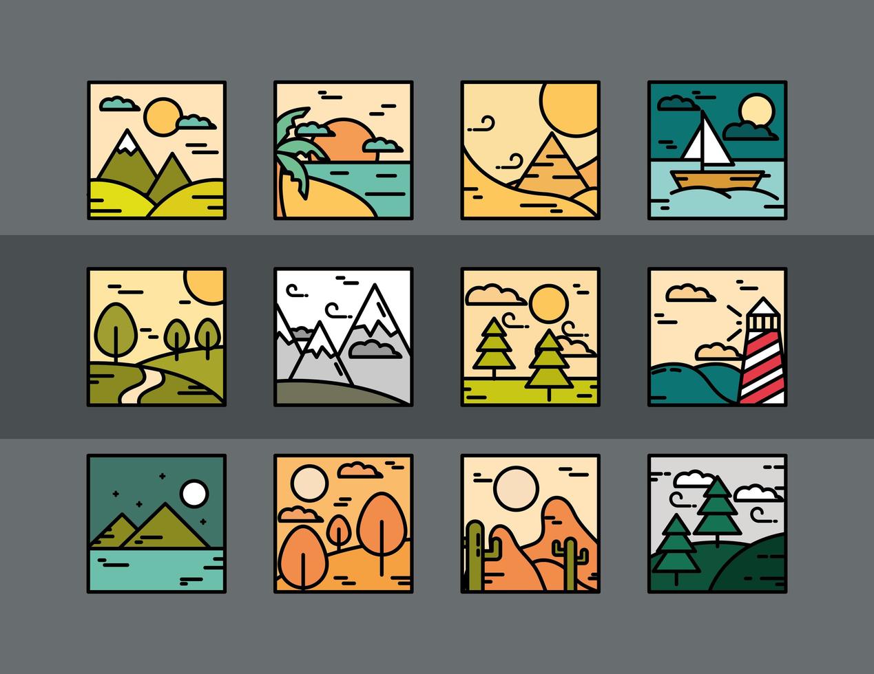 landscapes nature tropical desert ocean scenery icons line and fill style vector