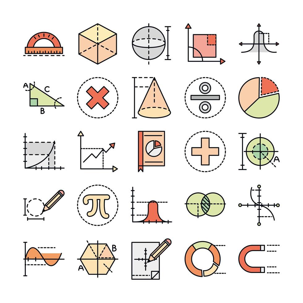 Matemáticas educación escuela ciencia colección de iconos de línea y estilo de relleno vector