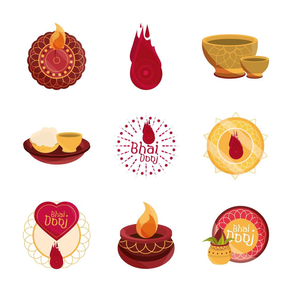 happy bhai dooj celebrated by hindus traditional culture set icons vector