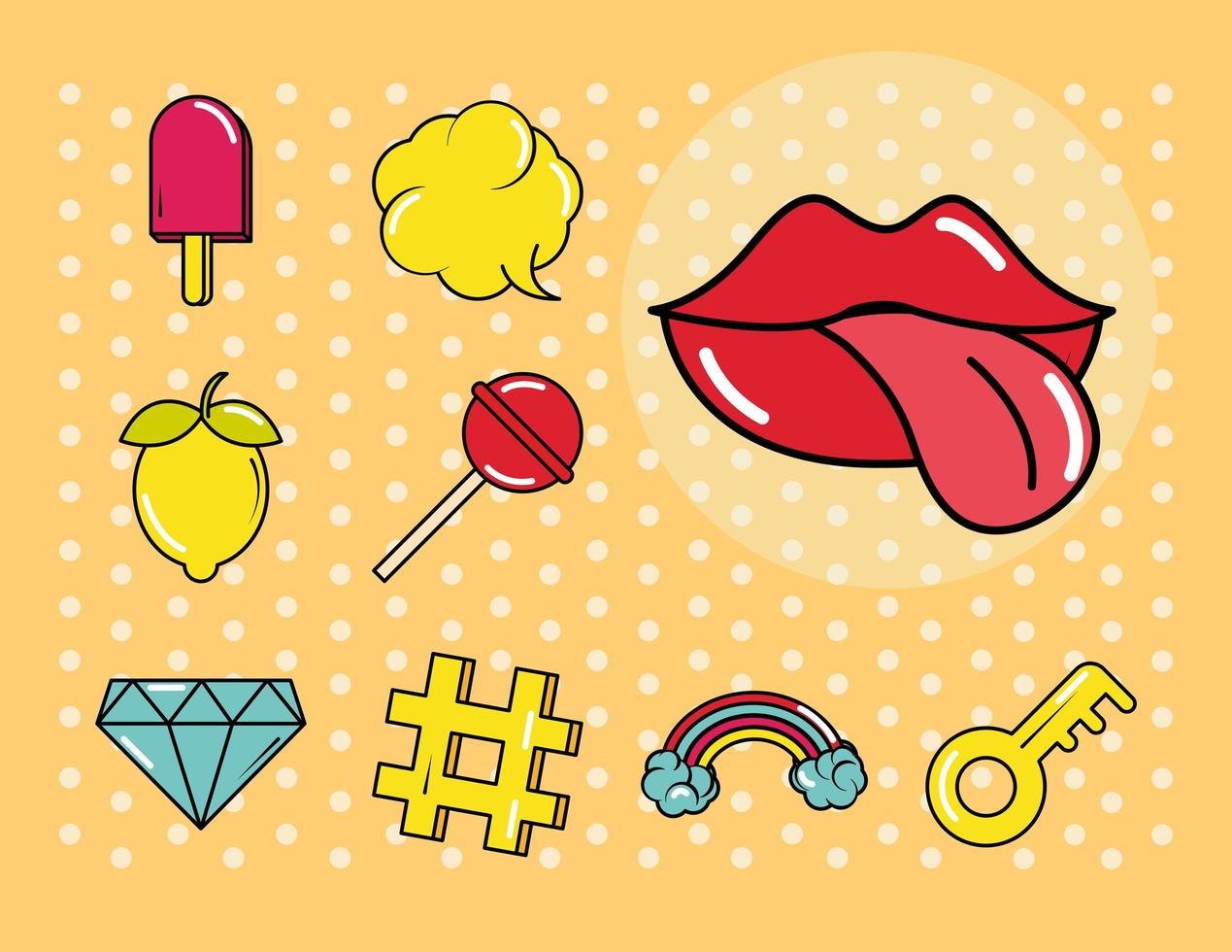 Insignias de parche de moda de estilo cómic pop art con iconos planos de frutas dulces de labios vector