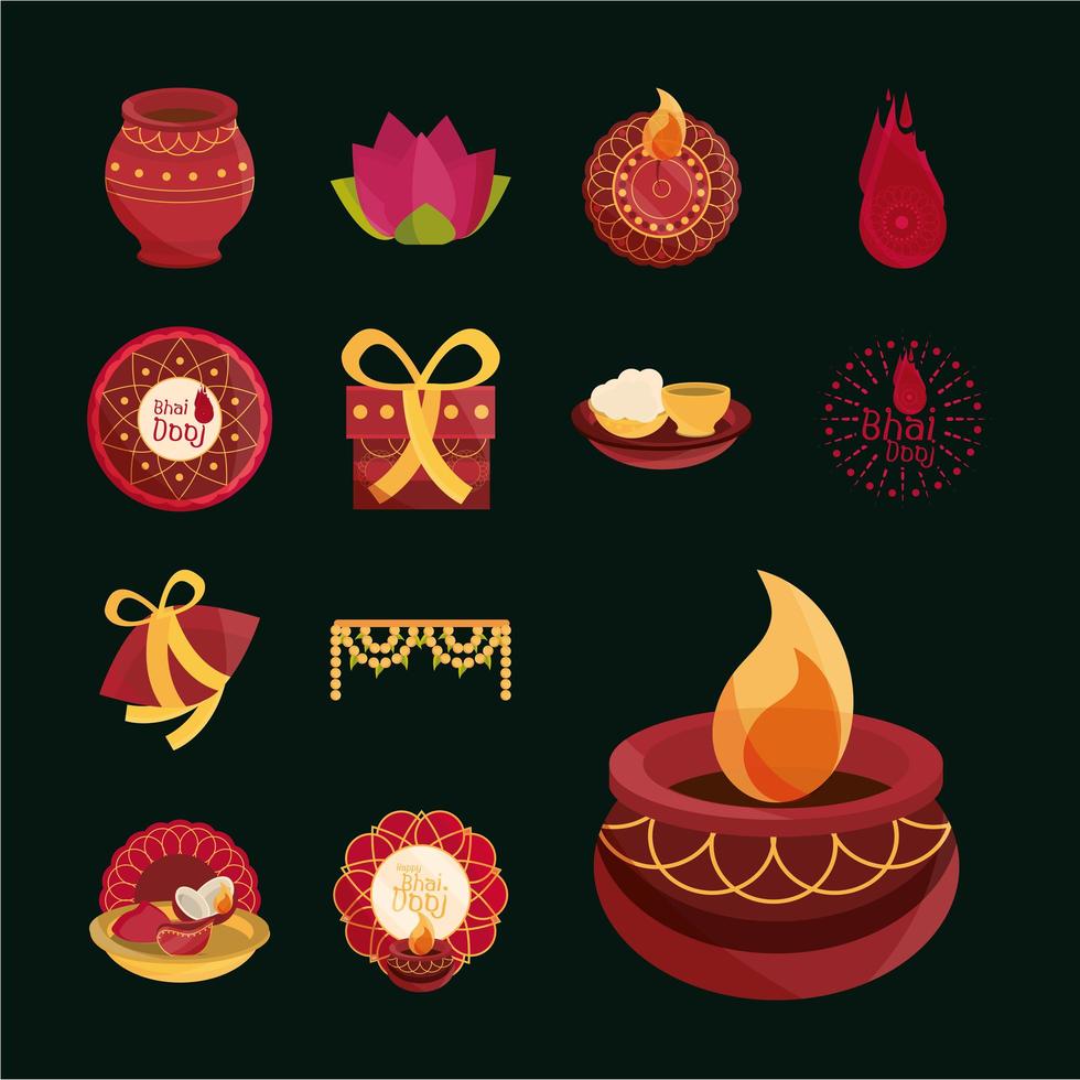 feliz celebración de bhai dooj paquete de iconos de tradición espiritual hindú vector