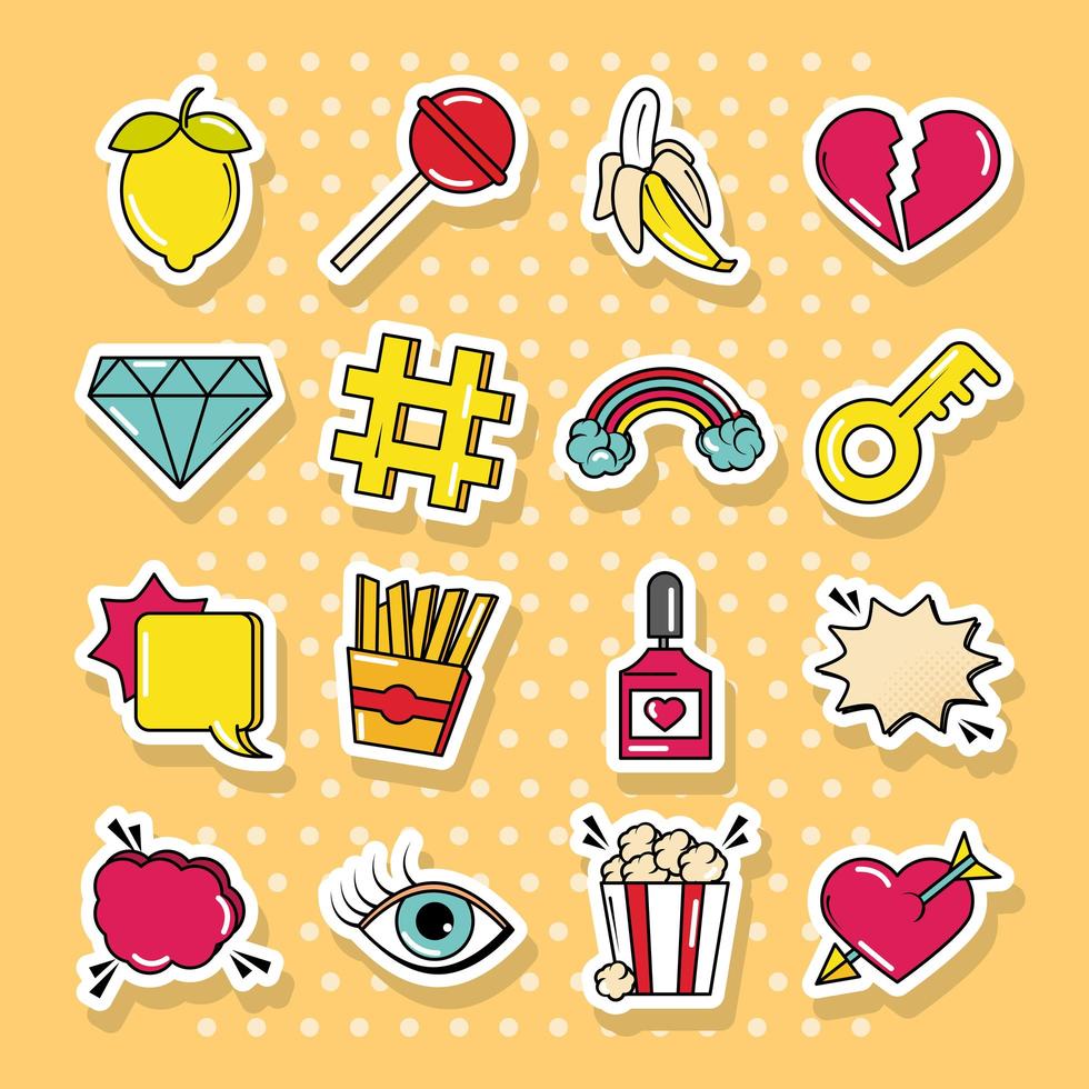 pop art comic style stickers fashion retro dotted background flat icons set vector