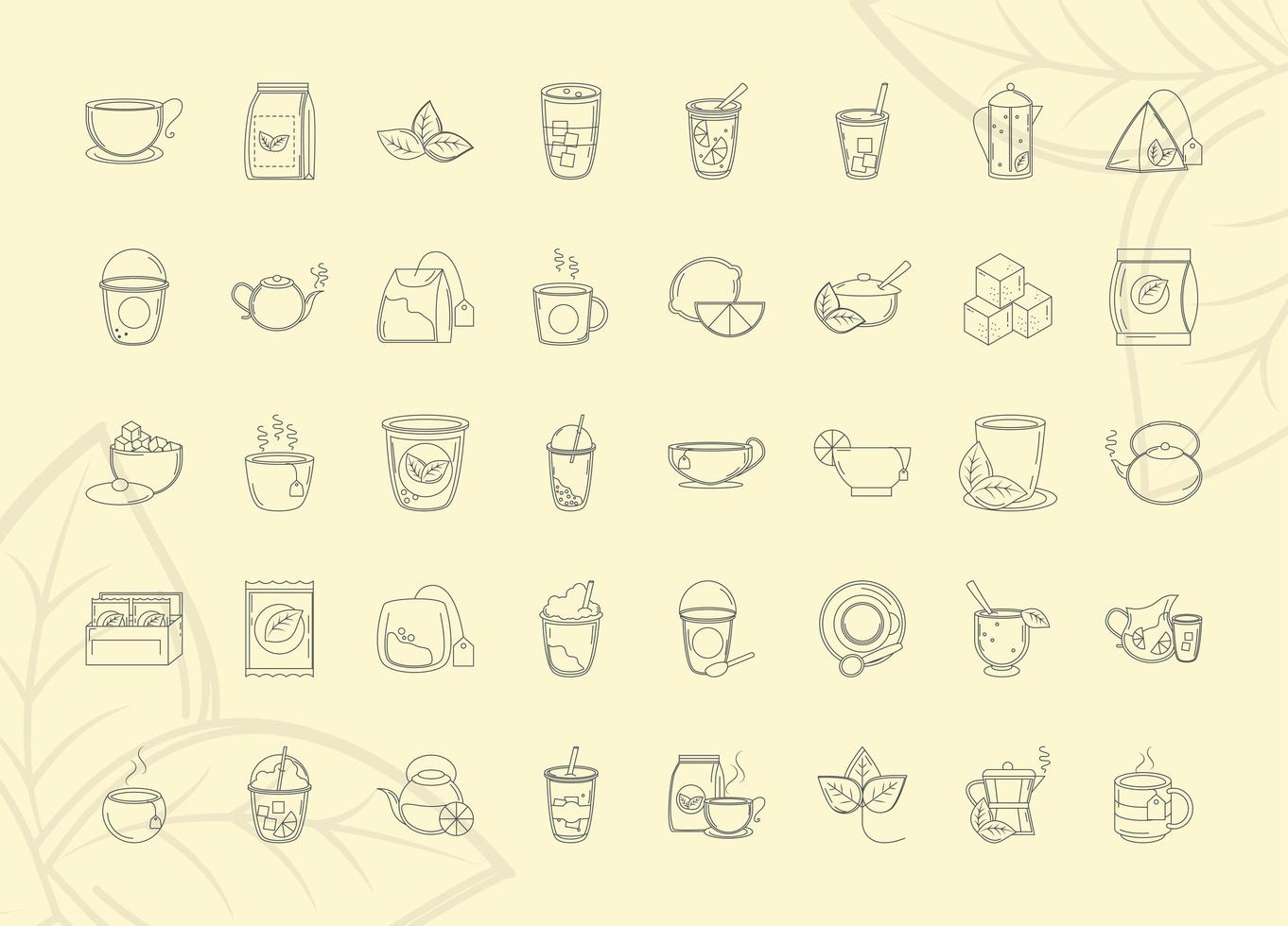té bebida fresca tetera tradicional tazas bolsita de té iconos de hoja de azúcar establecer estilo de línea vector