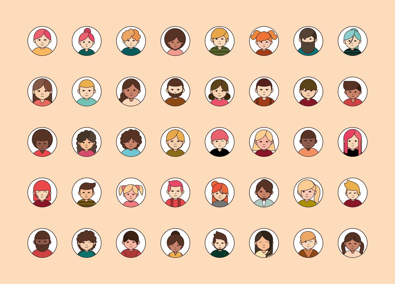 people diverse faces of different ethnicity round line icons set vector
