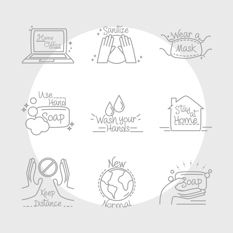 new normal stay home work study after coronavirus hand made line style icons set vector