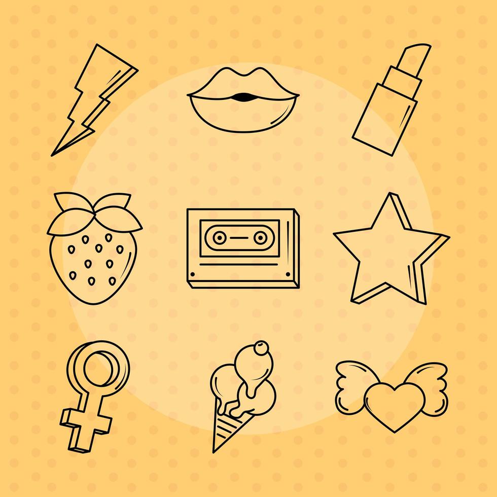 pop art comic style stickers fashion retro dotted background line icons set vector