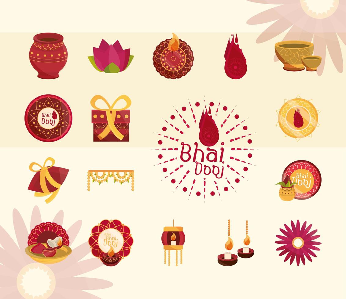 happy bhai dooj celebration prosperity and greeting icons set vector