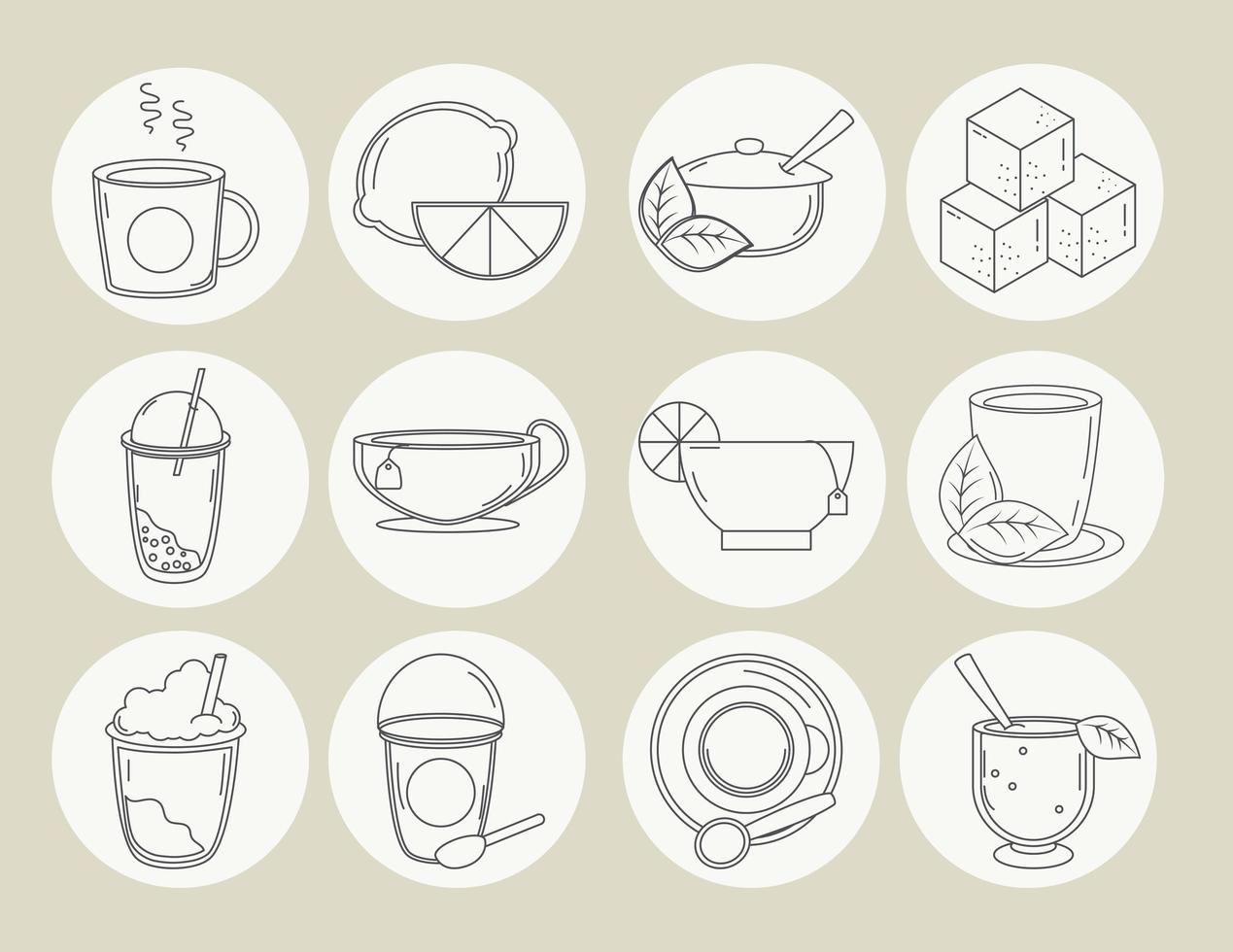 Los iconos de té contienen una taza de té, azúcar de lima y estilo de línea de hoja. vector