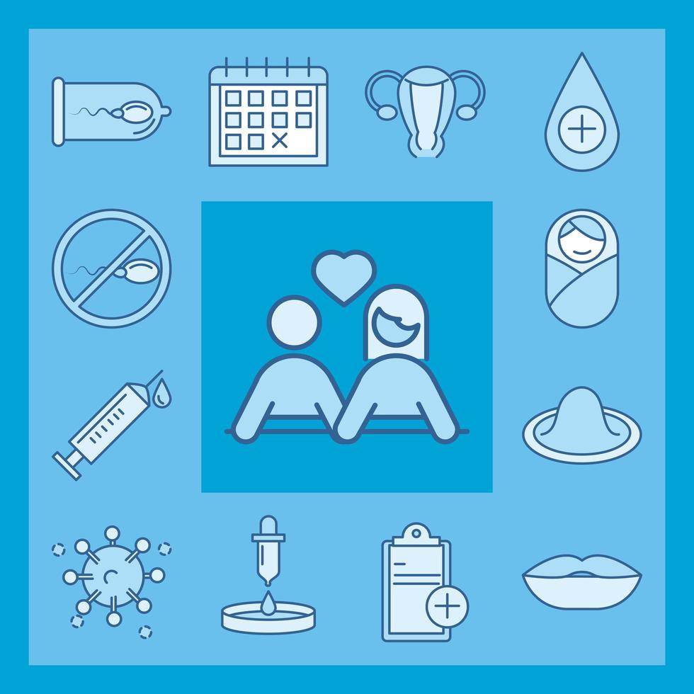 sexual health family planning methods set icons line fill blue vector