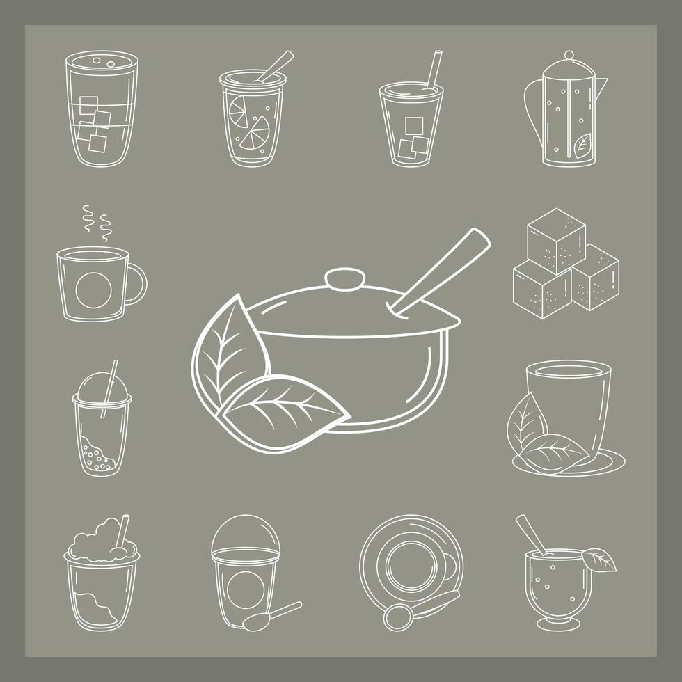 tea set of icons lime teapot sugar cups leaf line style vector