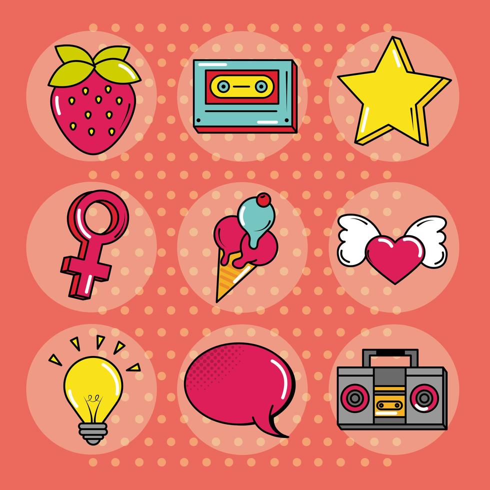 Conjunto de iconos planos retro de moda de estilo cómic pop art vector