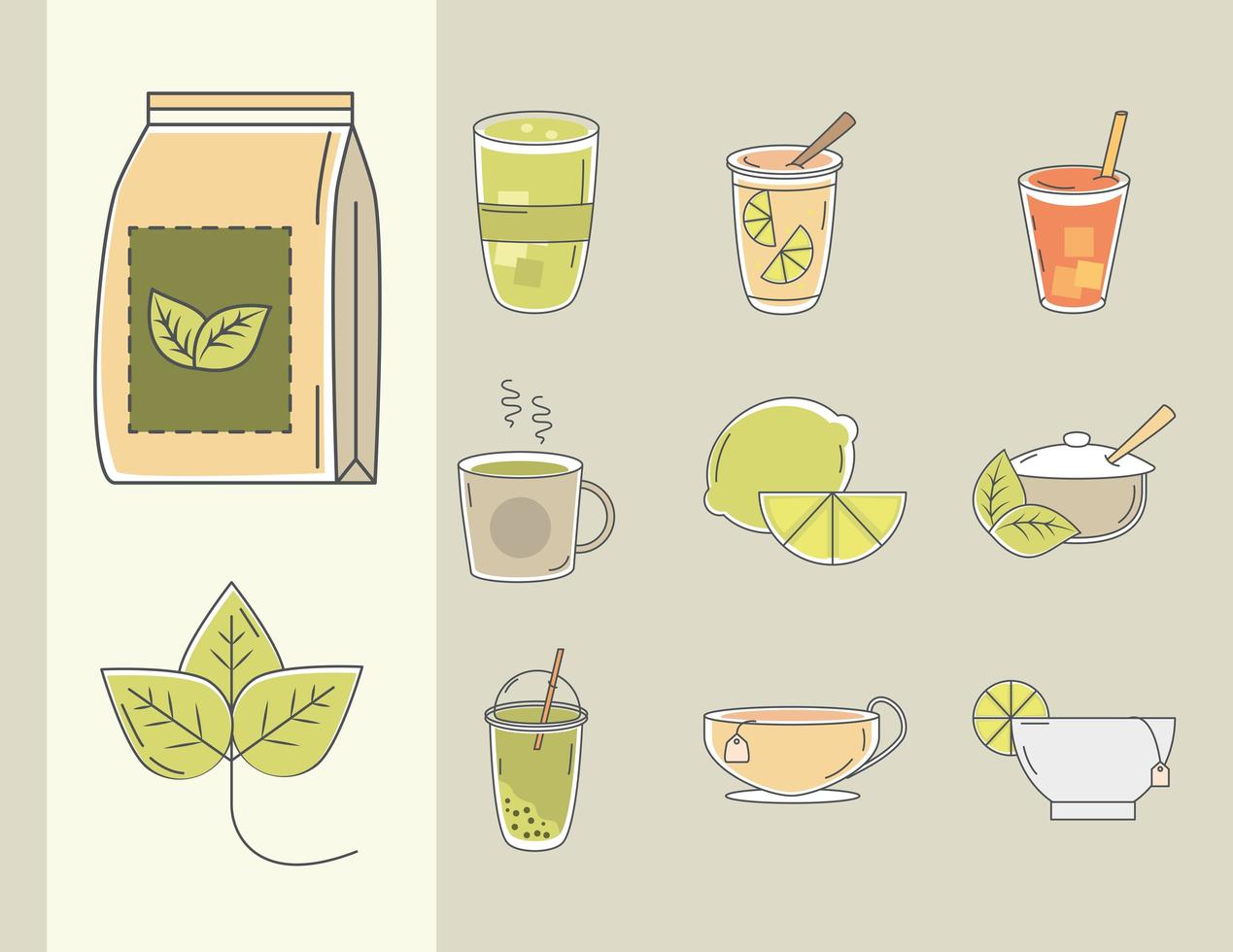 Los iconos de té contienen una taza de té, lima, azúcar y línea de hojas y relleno. vector