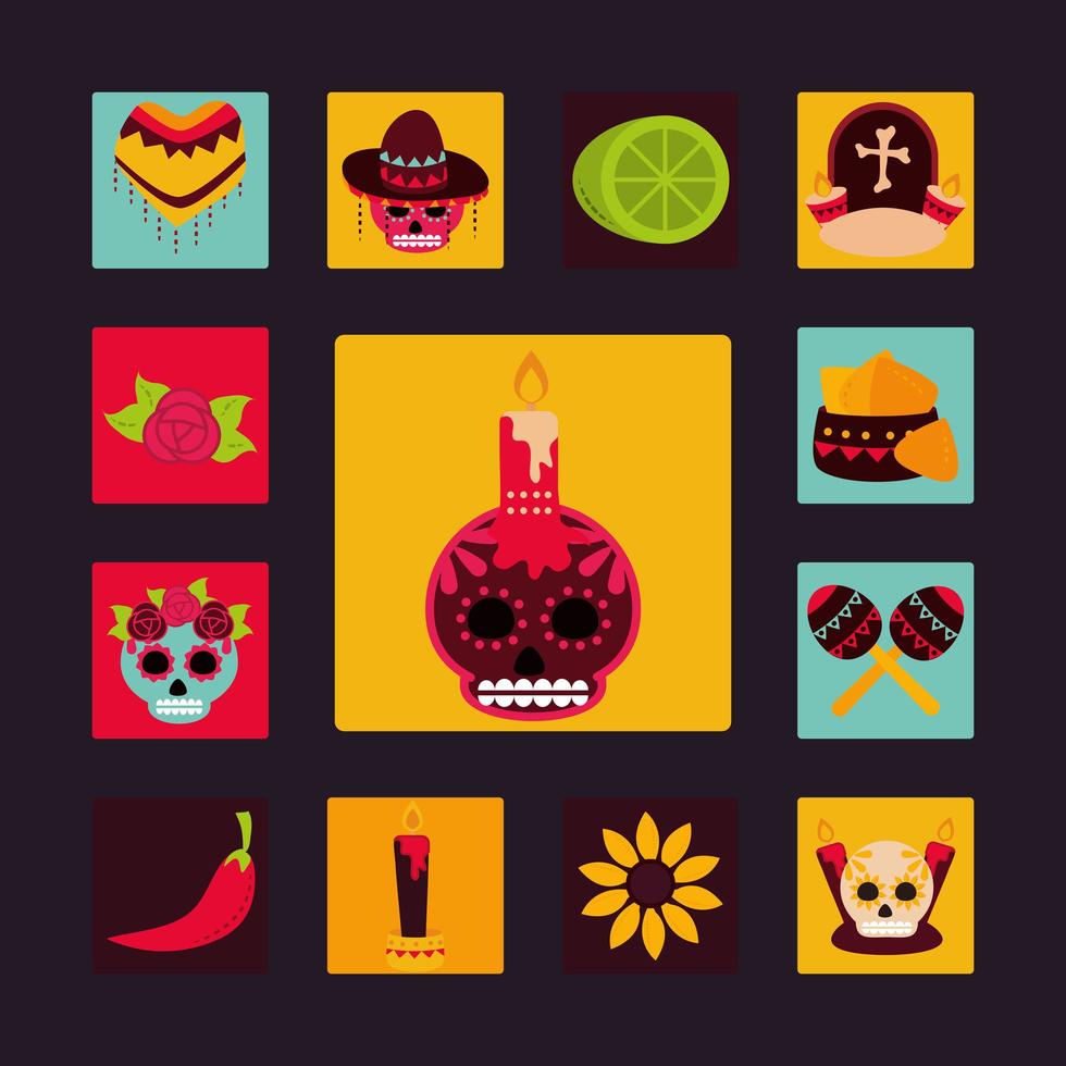 día de los muertos celebración mexicana decoración tradicional fondo negro plano bloque e iconos de paquete plano vector