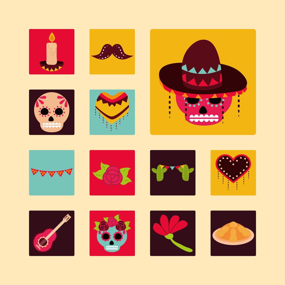 día de los muertos celebración mexicana decoración adorno bloque de iconos y estilo plano vector