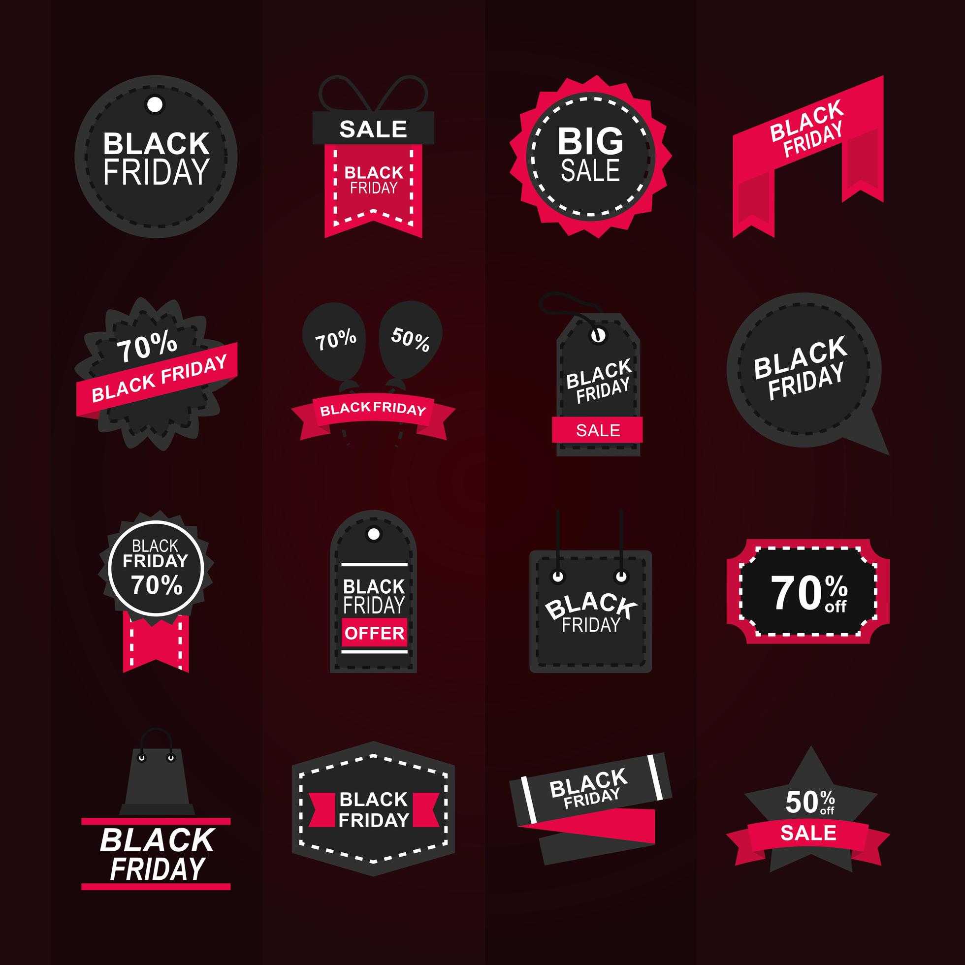 black friday sale offer discount collection icons red and dark layout