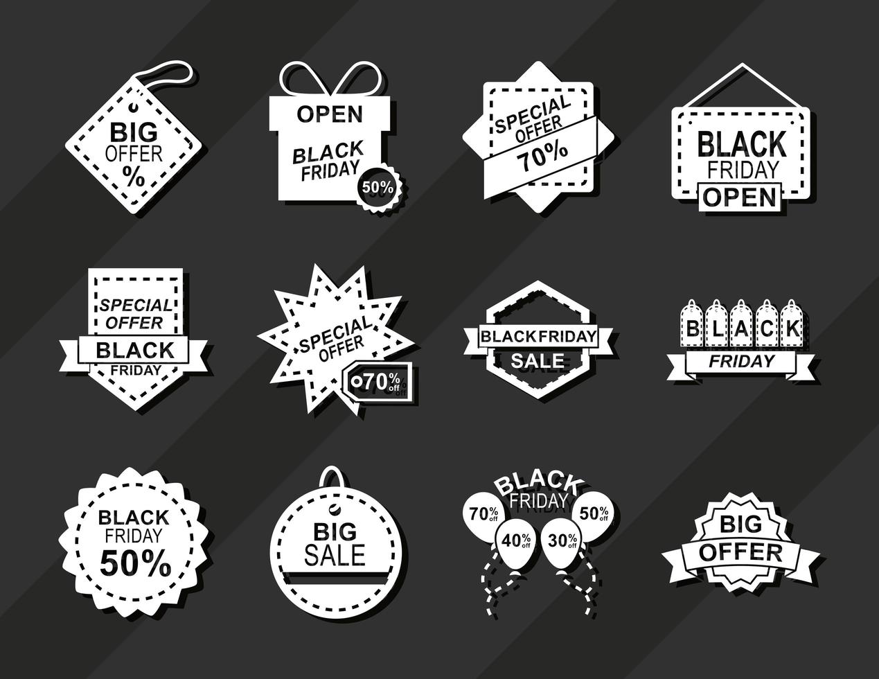 Viernes negro anuncia iconos de oferta de descuento de temporada sobre fondo oscuro estilo de silueta vector
