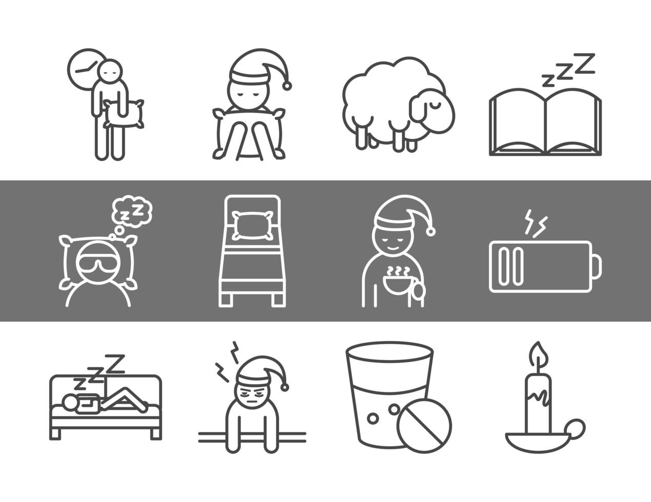 insomnia sleep problems disorder set linear icons style vector