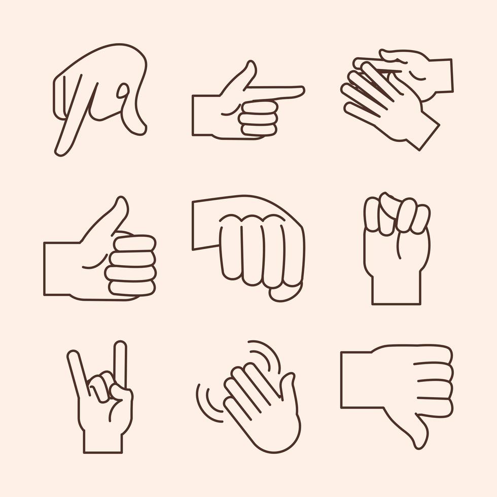 sign language hand gesture indicating different letters alphabet line icons vector