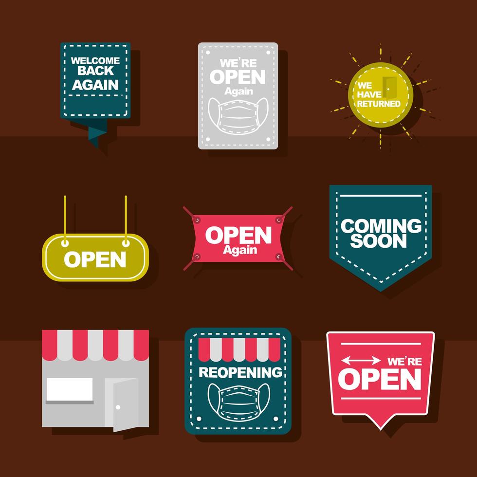 were open welcome back coming soon stickers banner pack flat icons vector